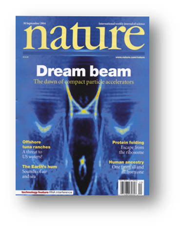 Fig. 2: Relativistic plasma effects: a laser-generated wake field produces high quality relativistic electron beams (cover of Nature 431 (2004)).