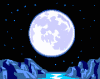 Digital moon over water and mountains